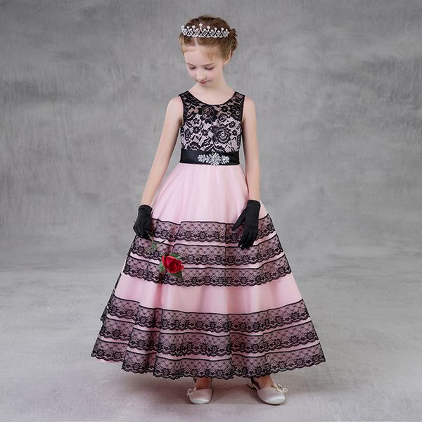 2018 Country Flower Girls Abiti per matrimoni Principessa Gioiello Fiocco Senza maniche Telai Lungo Pizzo Bambini piccoli Abito da prima comunione personalizzato