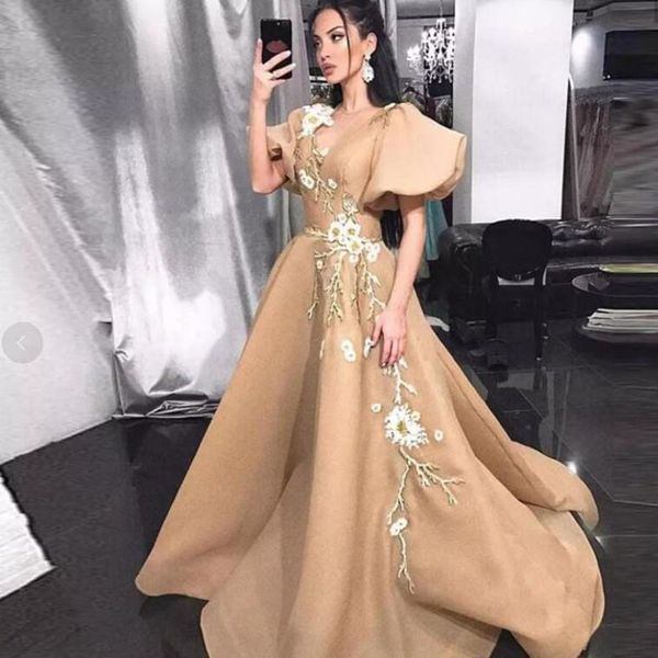 

dark champagne prom dresses saudi arabia poet short sleeves evening gowns with appliques v neck a line party dress women formal wear, Black;red