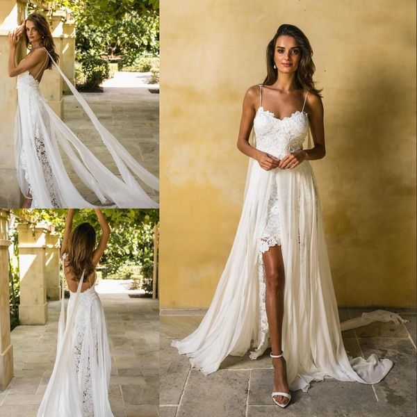 

2018 пляж backless a line свадебные платья сплит бретельках богемной свадебные платья развертки поезд шифон vestido де новия, White