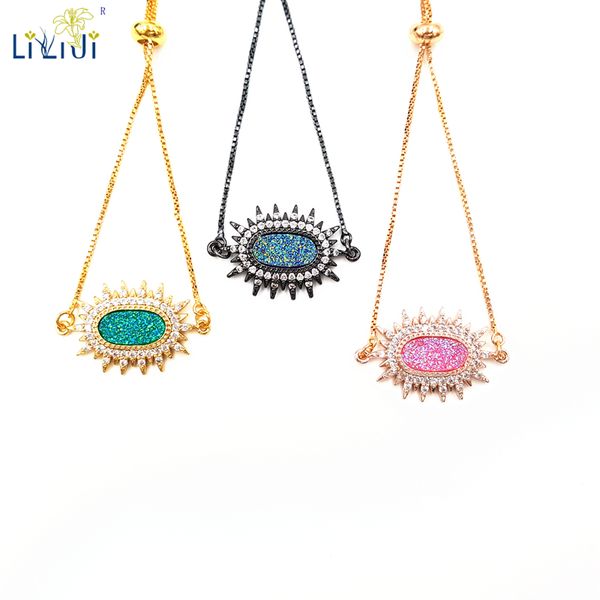 

liiji unique natural druzy quartzs crystal chain bracelet blue green pink natural stone adjustable chain bracelet for women men, Black
