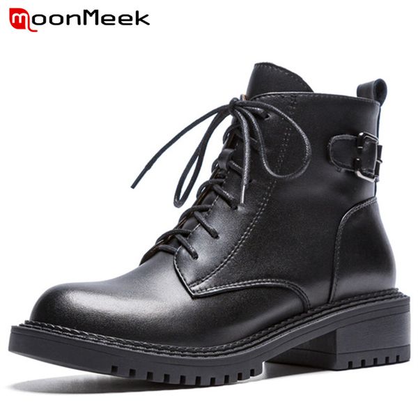 

moonmeek 2018 fashion women boots new arrive genuine leather ladies boots popular round toe ankle classic med heel shoes, Black