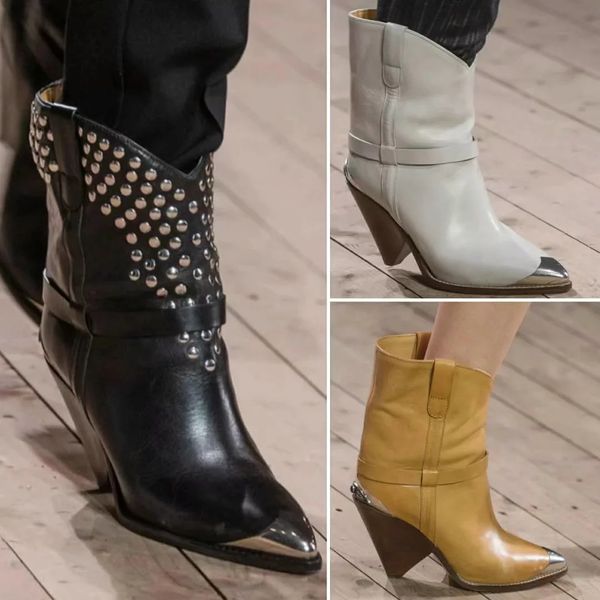 

2019 New Runway Boots Cone Heel Metal Pointed Toe Studed Punk Style Short Leather Boots Trendy Shoes Women