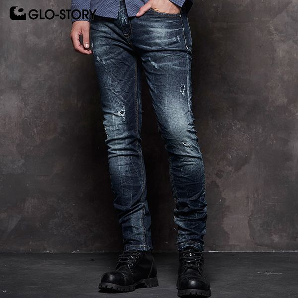 

glo-story streetwear men's casual ripped hole jeans male trousers denim pencil pants for men 2018 fall mnk-7695, Blue