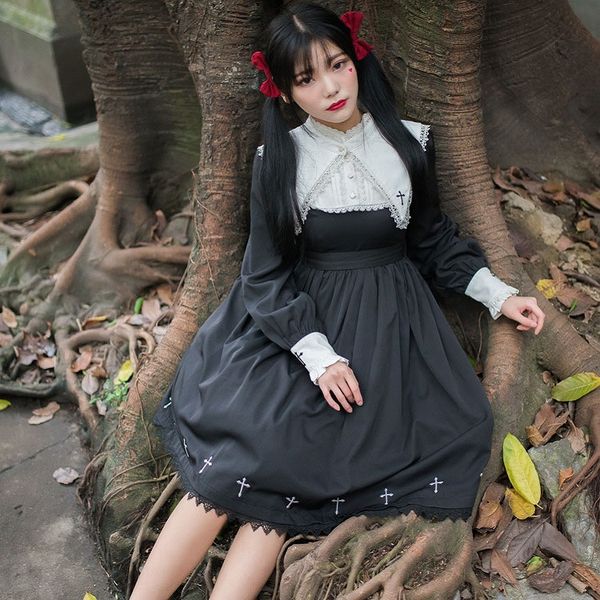 

2018 vintage gothic lolita dress punk college student style soft sister japanese girl cute lolita costume, Black;red