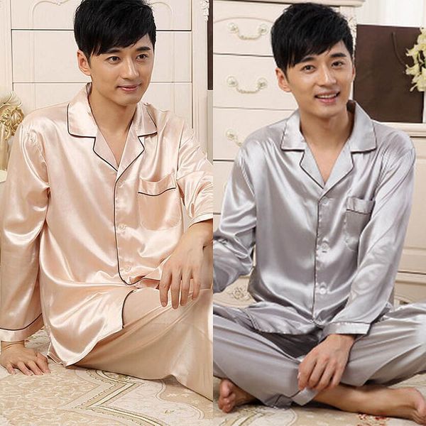 

V-Neck Men Boys New Autumn Winter Sleepwear Loungwear Robes Soft Silk Satin Pajamas Pyjamas Set For Men Casual