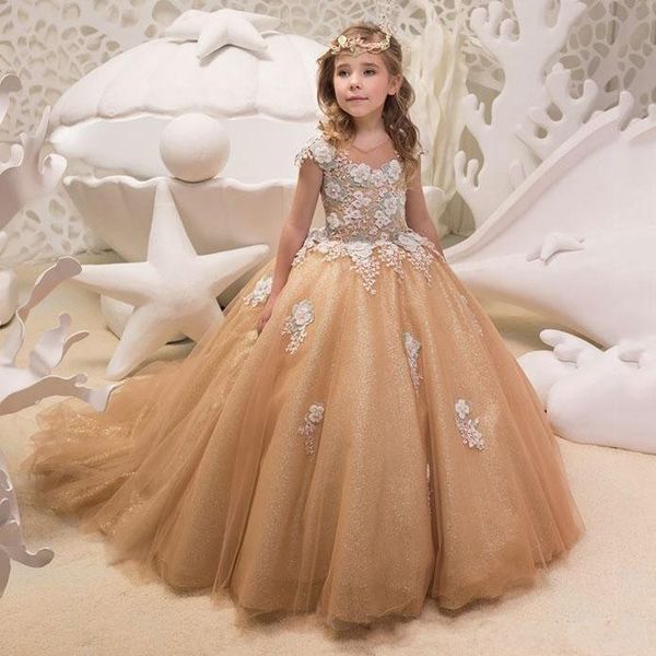 

Новое Прибытие 2018 Шампанское Принцесса Платья Для Девочек Жемчужина с Открытым В