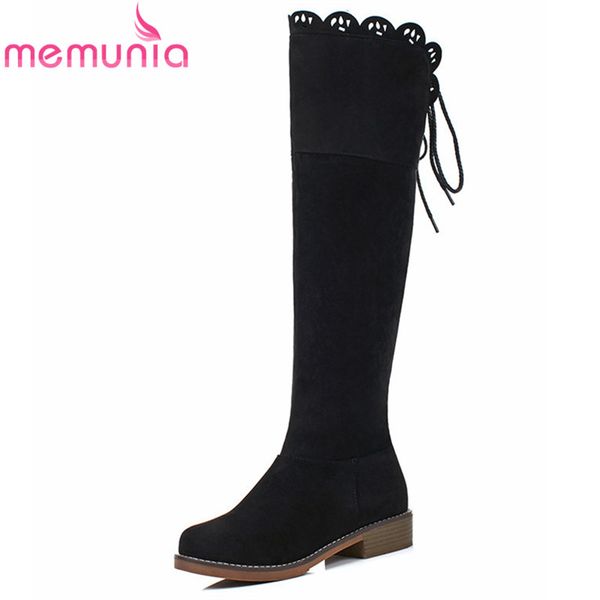 

memunia wholesale 2018 new arrival knee high boots ruffles round toe suede leather boots square heels women casual shoes, Black
