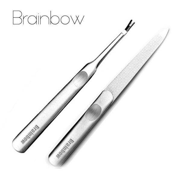 

brainbow 2pcs/pack nail art manicure sets&kits stainless steel cuticle pusher dead skin fork and nail file buffer arts tool