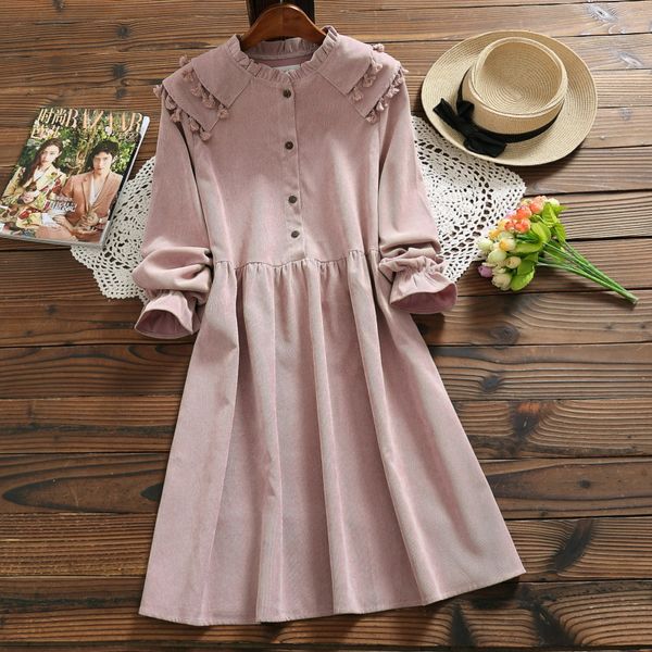 

japanese mori girl autumn winter women cute dress double-layer collar casual loose vestido khaki pink corduroy tassel lady dress, White;black