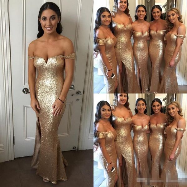 

custom made country bridesmaid dresses off shoulder split backless prom gown floor length sheath sequined mermaid maid of honor dress, White;pink
