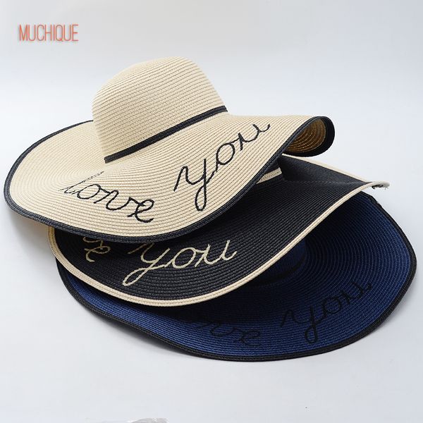 

muchique summer hat love you embroidery floppy sun hats for women foldable summer beach paper straw hat, Blue;gray