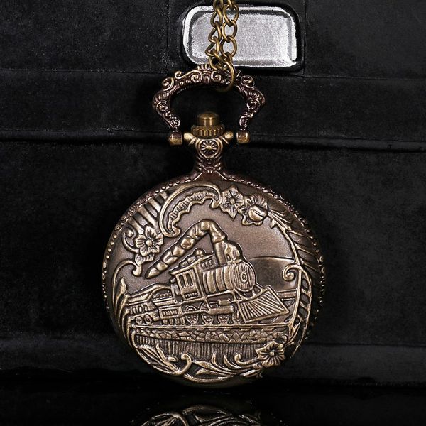 

royal goods antique bronze carved steampunk train vintage quartz pocket watch men women necklace chain pendant clock gifts, Slivery;golden