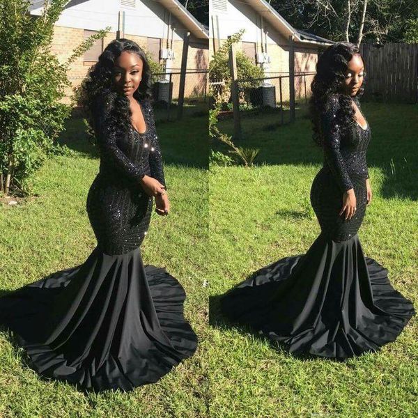 

African Sparkly Sequins Prom Dresses 2018 New Scoop Neck Long Illusion Black Girl Mermaid Evening Dress Party Gowns Long Sleeves