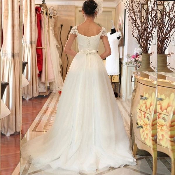 

stunning country a-line wedding dresses sweetheart sheer capped straps ruched tulle corset back bridal gowns sweep train and sash, White
