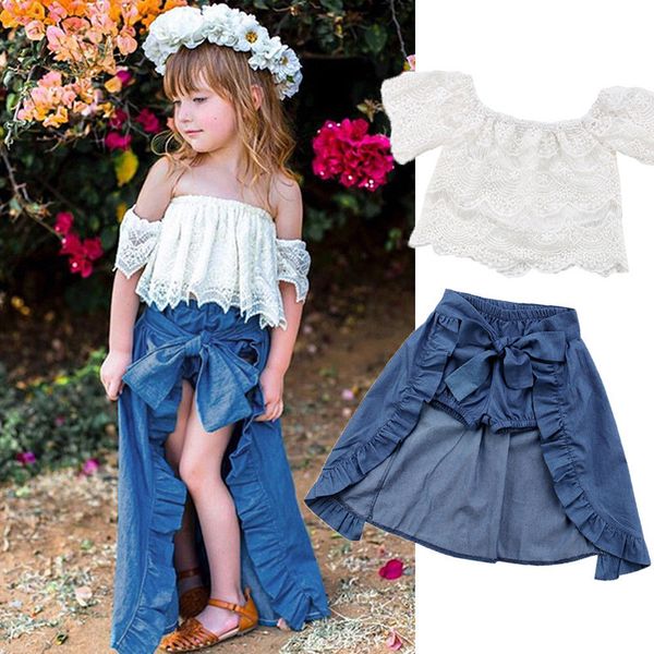 

2018 fa hion children girl ummer clothe off houlder lace white top denim hort ruffle bow kirt outfit kid clothing et