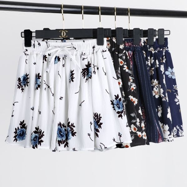 

летний шифон шорты женщины высокой талией цветочные printed короткие юбки женщины drawstring шорты, White;black