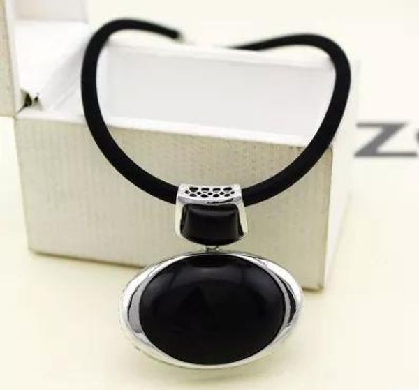 

le baiser women's vintage pendant necklace big black stone pendant with leather, Silver