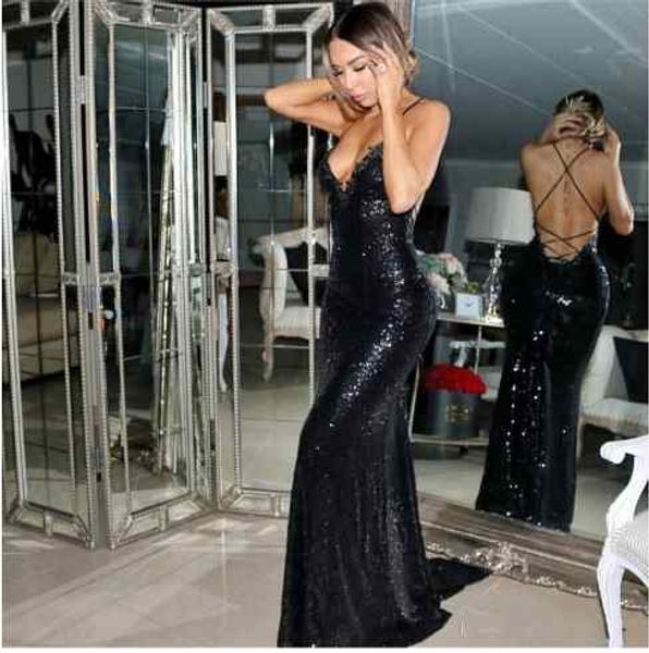 Rose Pink Glitz Black Paillettes Mermaid Prom Dresses 2018 Cheap Spaghetti Strap Backless Sweep Train Long Formal Evening Women Party Gowns