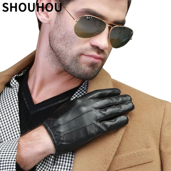 

shouhou 2017 men leather gloves genuine leather winter warm gloves silk lining touch screen driving ing, Blue;gray