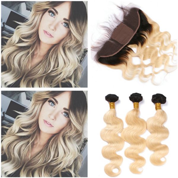 

#1b/613 blonde ombre virgin brazilian human hair 3 bundles with silk base 13x4 lace frontal closure body wave blonde ombre hair weaves, Black;brown