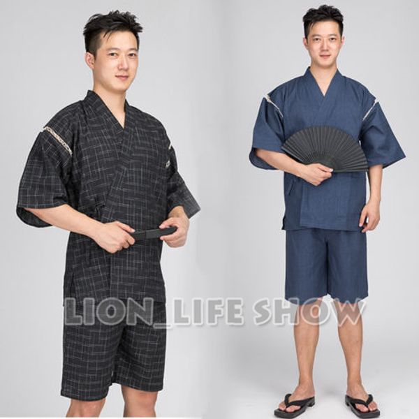 

japanese summer men jinbei kimono short sleeve pants sleepwear pajama loungewear, Black;brown