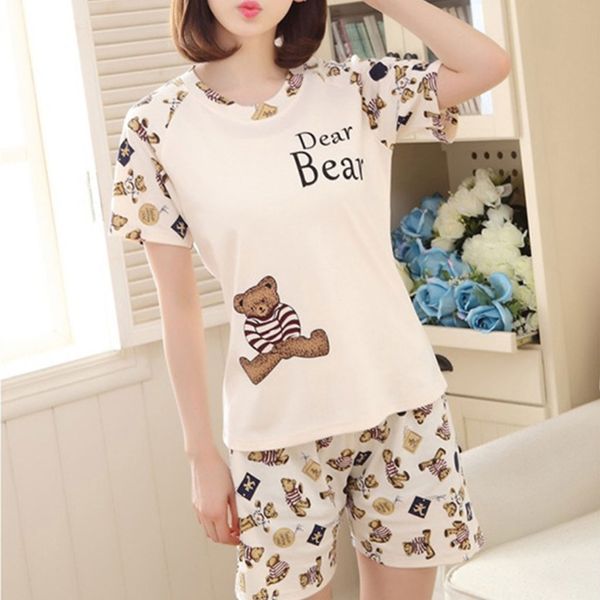 

women cartoon pajamas short sleeve cotton pyjamas set home nightwear, Black;red
