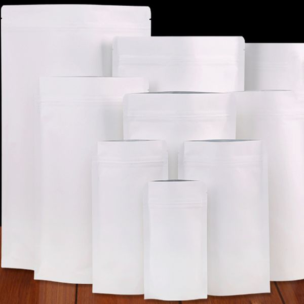 150 pçs / lote branco branco papel alumínio folha ziplock stand up bolsa sacola de empacotamento reutilizável dopack saco de armazenamento para o lanche do alimento de Drid