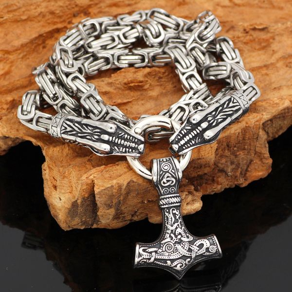 

men stainless steel nordic viking wolf dragon head with thor hammer pendant necklace with king chain, Silver