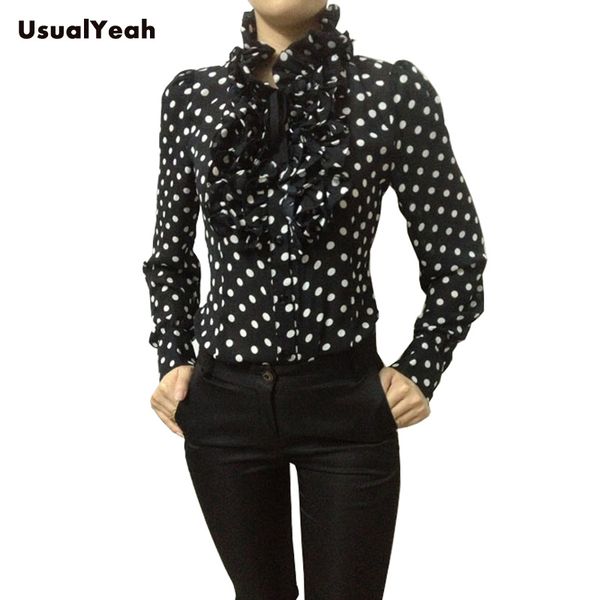 

wholesale- new fashion korea style vintage chiffon polka dots women's body blouse shirt stand collar ruffles s  l xl sy0185, White
