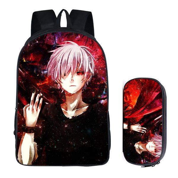 

japanese anime tokyo ghoul 2pc set with pencil case student backpacks diy printing cool school student bags for kids book bag
