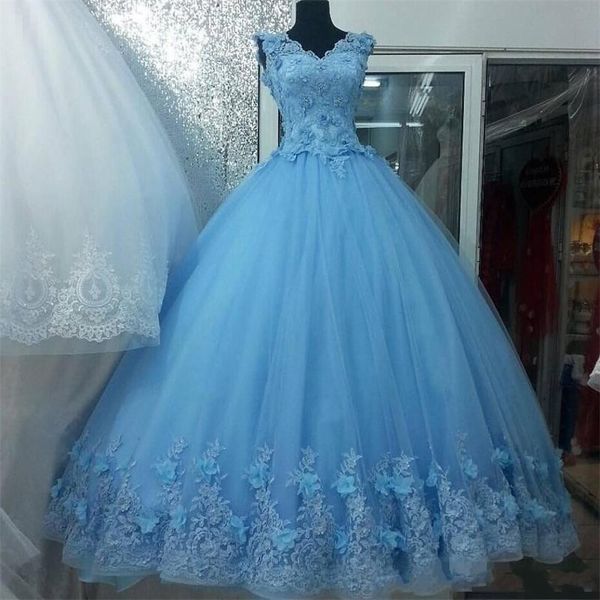 

2019 Real Image Sky Blue Tulle Quinceanera Ball Gowns V Neck Lace Applique Sweep Train Custom Made Formal Prom Party Dresses For Sweet