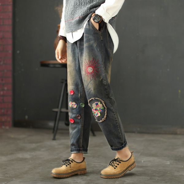 

selling 2018 new national style retro embroidery flower jeans casual wash old elastic waist tie harem pants, Blue