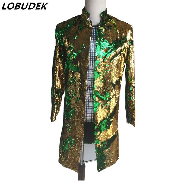 Oro Rosso Verde Flip Paillettes Cappotto lungo Uomo Capispalla Discoteca Bar DJ Cantante Costume di scena Star Concert Host Performance Abbigliamento DS Blazer