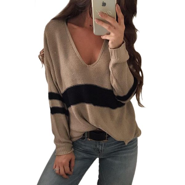 

striped korean sweater v neck knitted pullover club winter for women, White;black