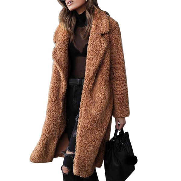 

2018 winter thick warm hairy women open stitch trench coats long sleeve female turn-down collar overcoat manteau femme, Tan;black