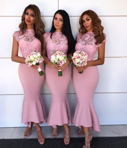 

blush mermaid lace bridesmaid dresses high neck sleeveless country maid of honor gowns ankle length wedding guest dress, White;pink