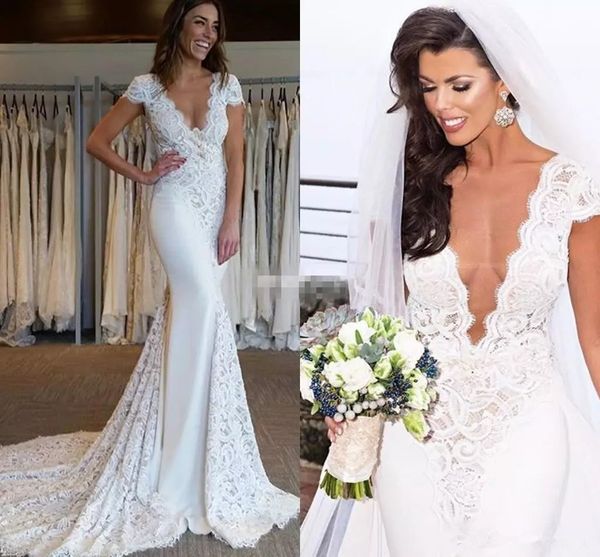 

2018 lace appliques bohemian mermaid wedding dresses v-neck cap sleeve vestio de novia elegant bridal gowns, White