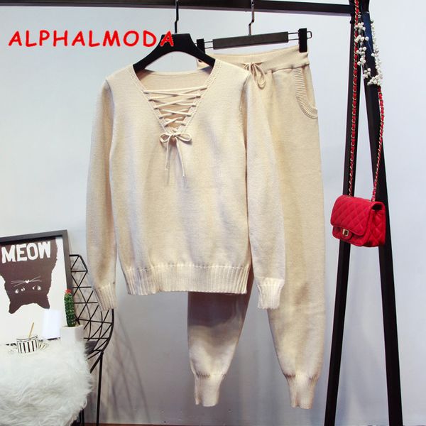 

alphalmoda 2018 women winter knitted suits lacing up v-collar long sleeved sweater + knit pencil pants female 2pcs casual sets, Gray