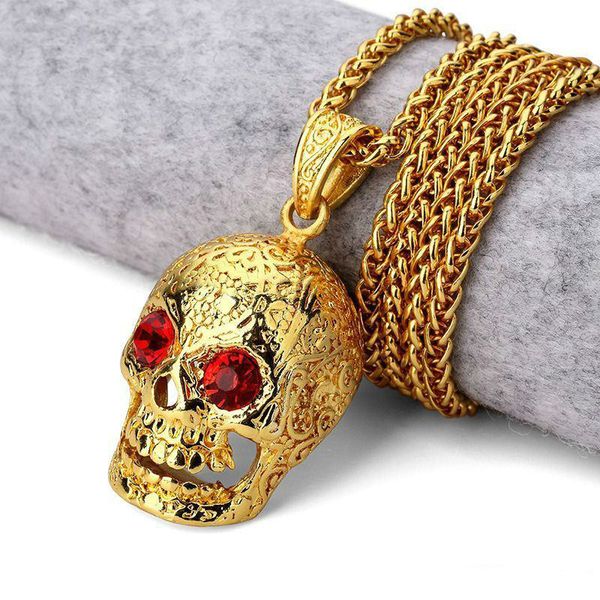 Empfehlen Sie Schädel-Anhänger-Hip-Hop-Halskette aus 18 Karat goldenem HIPHOP-Schmuck mit großem roten Diamanten für Männer und Frauen, lange Ketten aus Gold, 75 cm