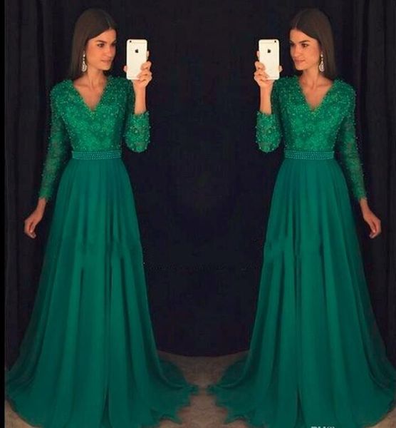

emerald elegant abendkleider long sleeve prom dress party longo vintage chiffon beaded modest evening formal gowns wear, Black;red