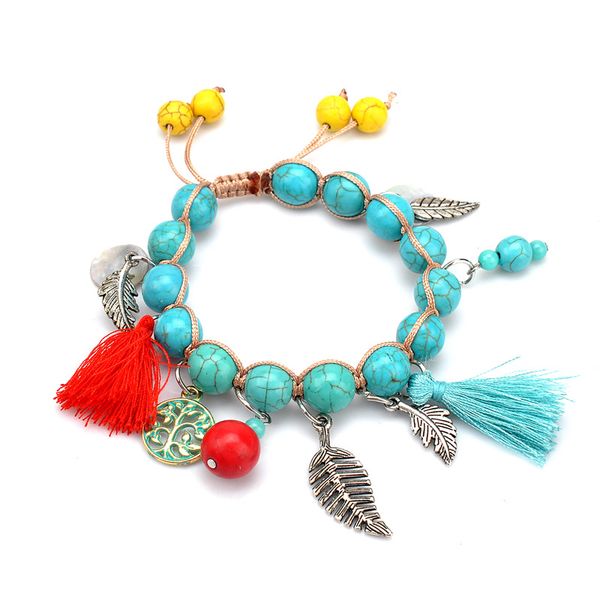 

fashion colorful women's bracelet strands turquoise tassels alloy shell charm weave rope knitting beads bracelets jewelry for ladies, Black