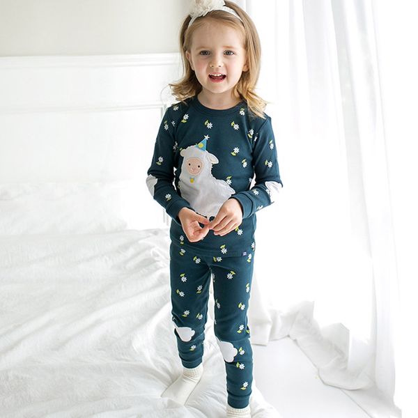 

autumn winter kids girls cartoon pattern pajama set o-neck long sleeve shirts+long pants 2pcs pajama set kids children home wear, Blue;red
