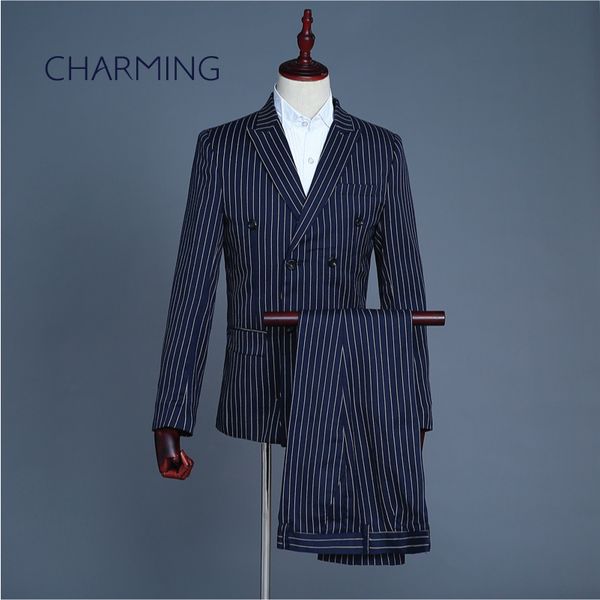 

mens royal blue suit mens pinstripe suit fabric suitable for wedding host singers men's 3 piece suits (jacket + jacket + pants, Black;gray