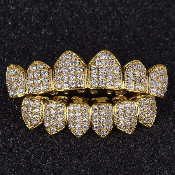 

luxury design diamond teeth grillz gold vampire fangs cz grillz for men women bottom grillz with molding bar, Black