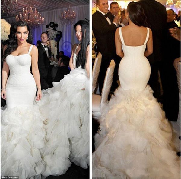 Splendidi abiti da sposa Kim Kardashian con volant Tiers senza spalline sexy sirena da sposa abiti da sposa cappella treno taglie forti