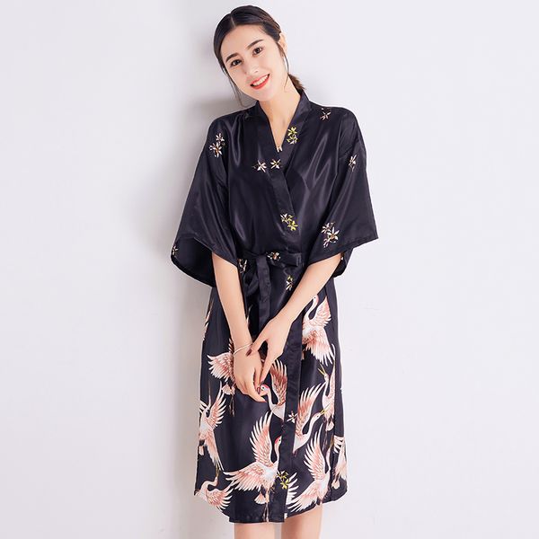

bridesmaid bride wedding robes casual black satin home gowns sleepwear pajamas classic printed female kimono nightwear, Black;red