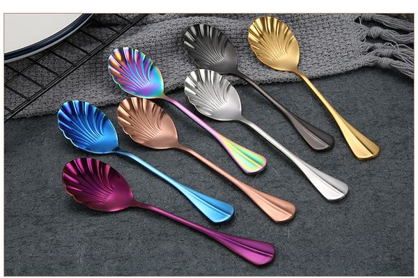 

7 colors unique shell spoons stainless steel spoon upscale restaurant dessert spoon ice cream scoops kitchen flatware dhl