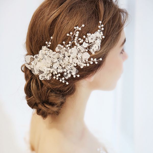 

bridal flower side hair clips pearl lace hair pin headpiece headwear wedding accessories, Golden;white