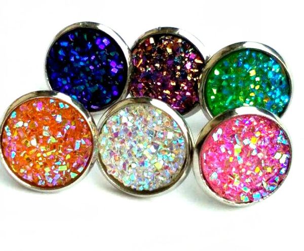 

round fake resin druzy stone ear stud stainless steel druzy post earring, Golden;silver