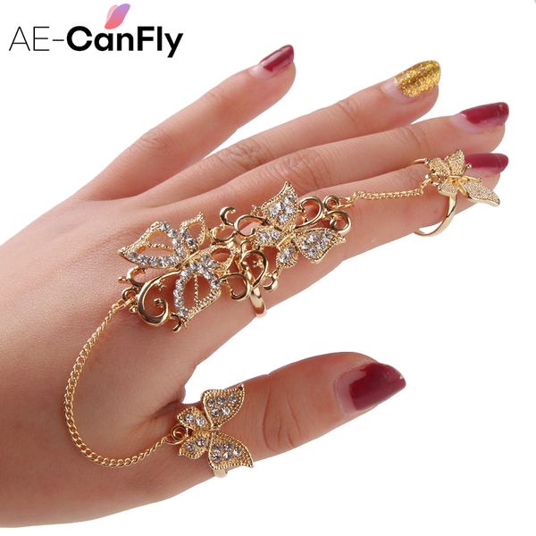 

rhinestone flower butterfly full finger rings for women gold chian link double armor ring wholesale 1d2011, Golden;silver